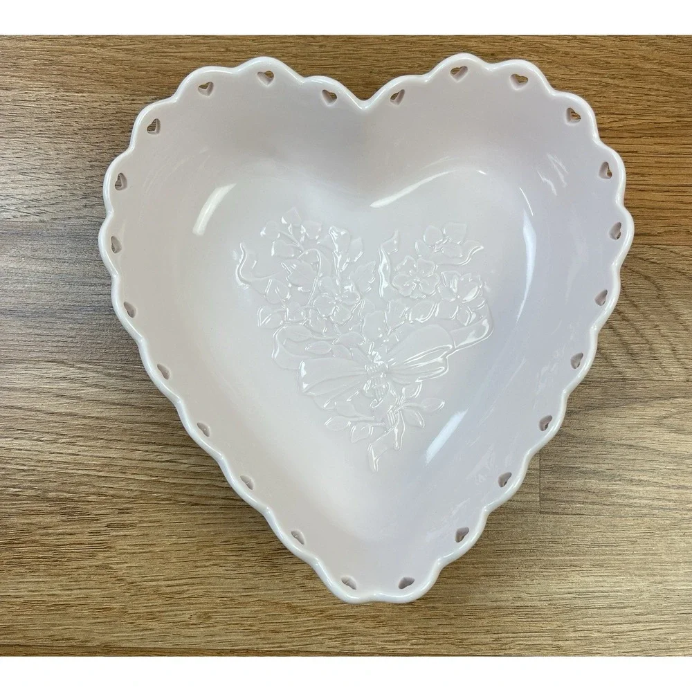 Longaberger Pottery Bowl‎ Sweetest Heart Dish PINK Floral Bouquet Scalloped Edge